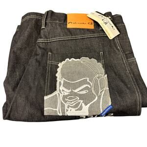 Platinum Godbody Jorts Mens 40 (41x12.5 ACTUAL) Black Denim Embroidered Y2K NEW